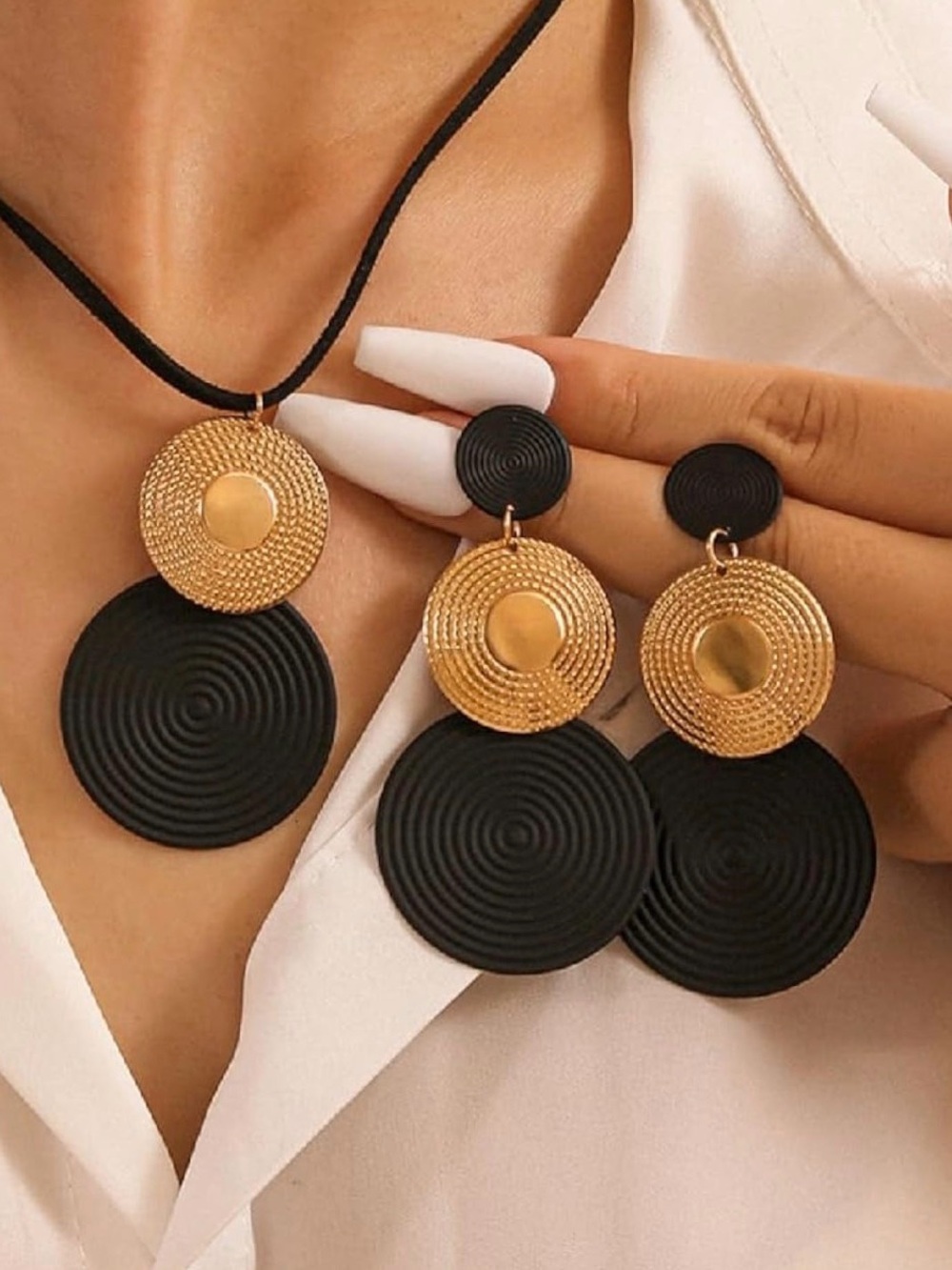 Gold & Black Disc Pendant Necklace and Earring Set
